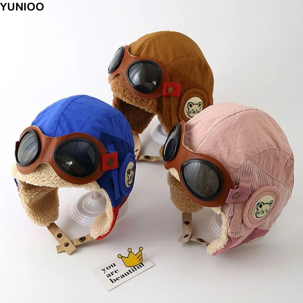 

Autumn Warm Children's Plush Pilot Hat Soft Cute Kids Earflap Hat with Glasses Thickened Lei Feng Hat Girls