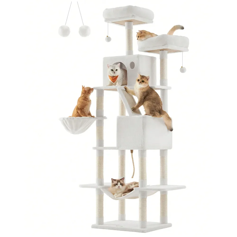 Cat Tree, 81.1Inch Large Cat Tower With 13 ching Posts, 2 Perches, 2 Caves, Basket, Hammock, Pompoms, MultiLevel Plush Cat