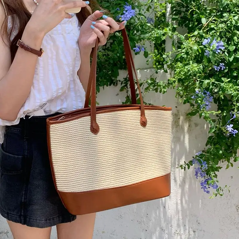 

Summer Chic Tote Bags For Women Straw Leather Stitched Large Capacity Shoulder Bag Luxury Casual Travel Purse Vintage Handbags