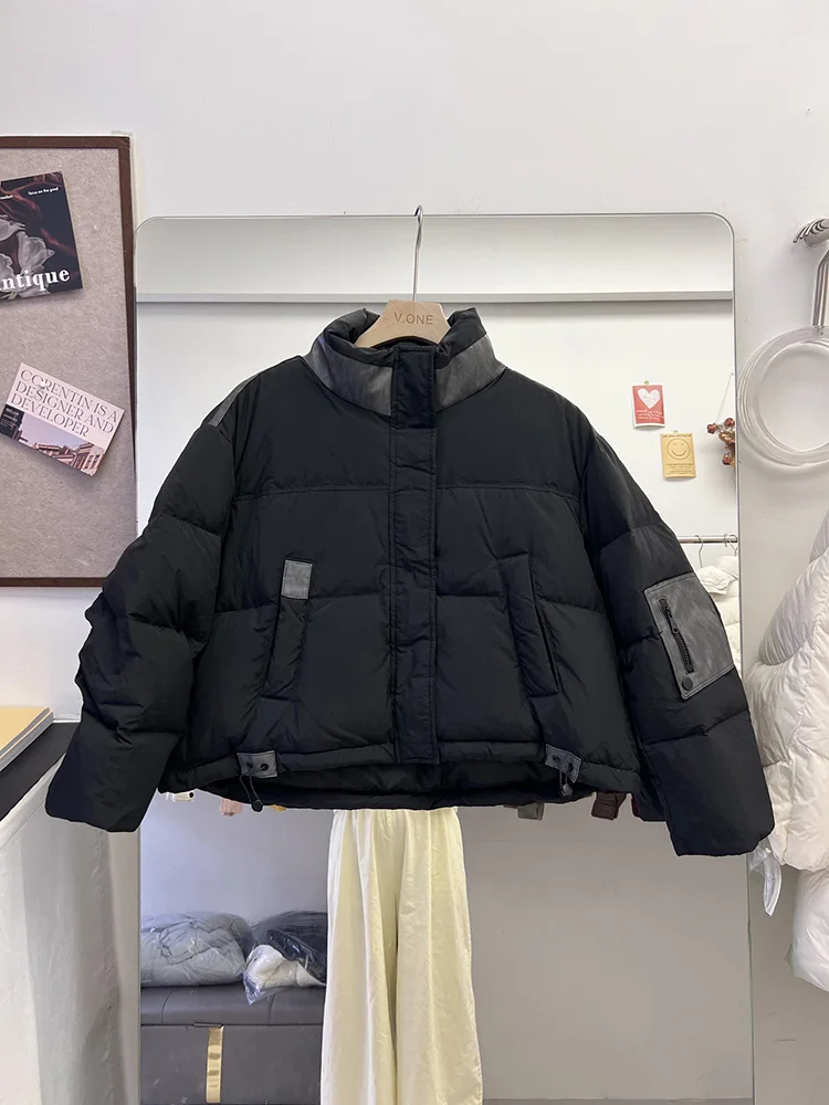 Moda de inverno nova jaqueta feminina commuter emenda gola versátil pato branco para baixo estilo curto jaqueta