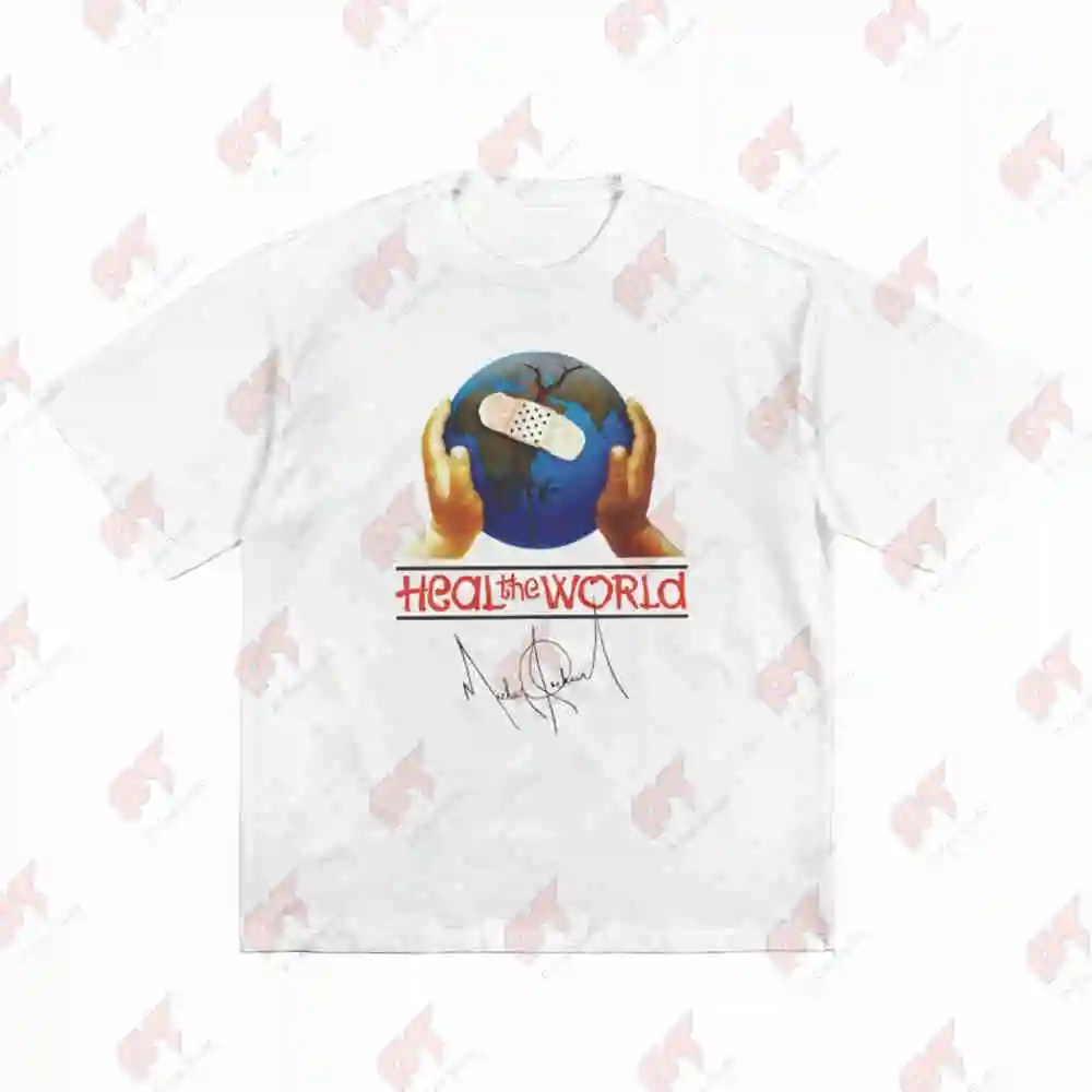 Heal The World Album Cover Earth Hands MJ Autograph Short Sleeve Tee 100% Cotton T-Shirt