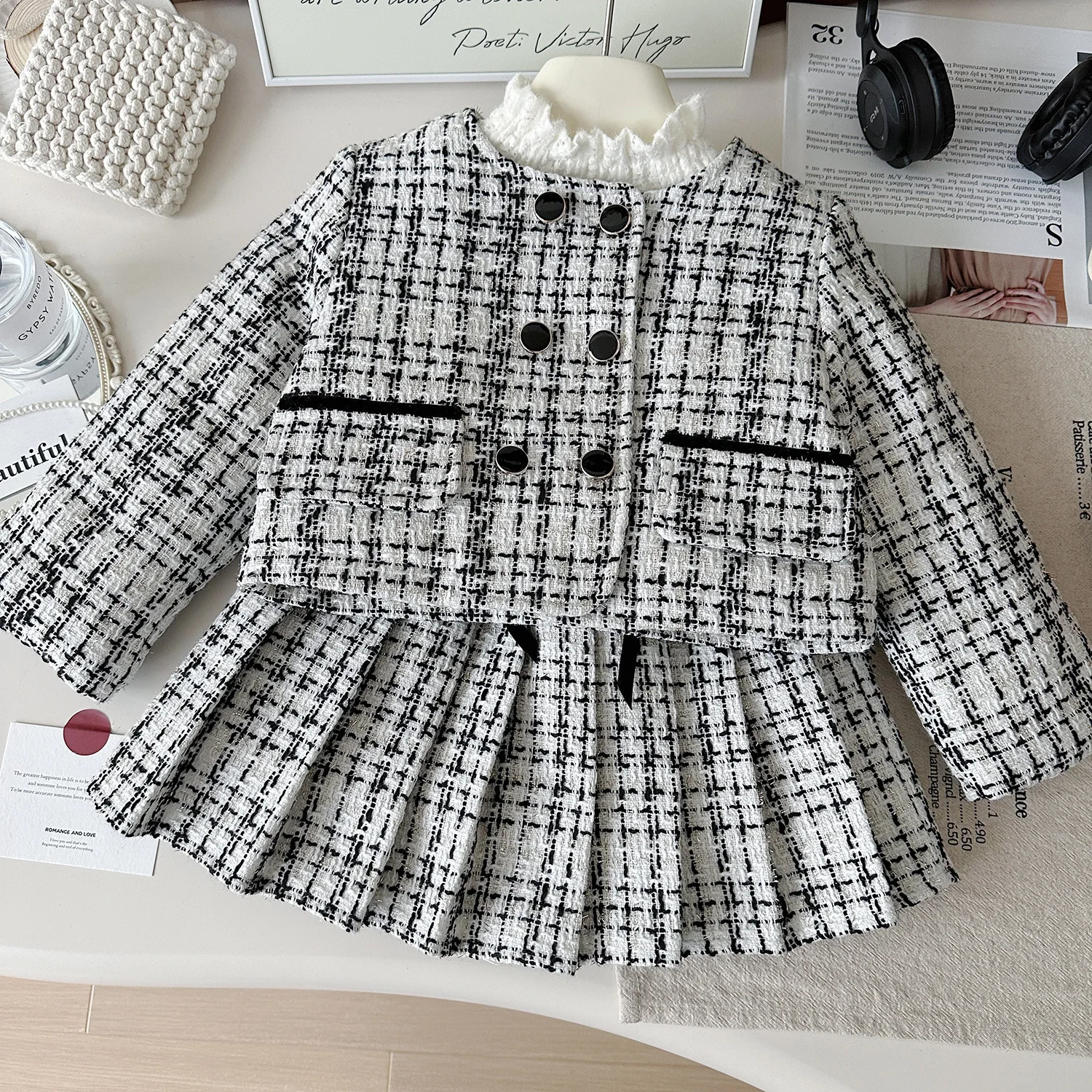 Girls Thick Clothes Sets Winter 2024 Children Warm Down Coats Skirts Princess Dress Suit For Baby Woolen Velvet Outfits Kids 7Y