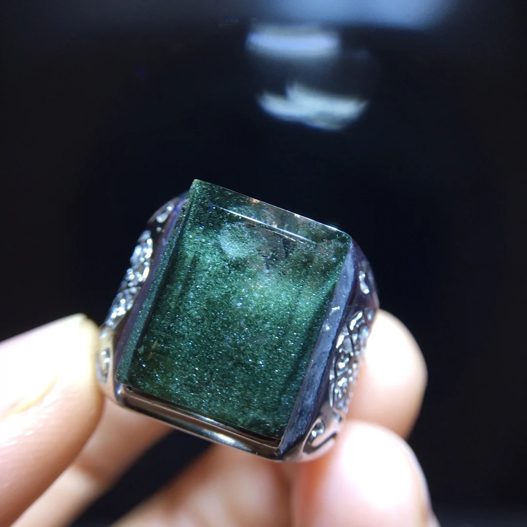 

Natural Green Phantom Adjustable Ring Men 925 Silver Bead Phantom 15/12.4mm Women Men Jewelry AAAAAA