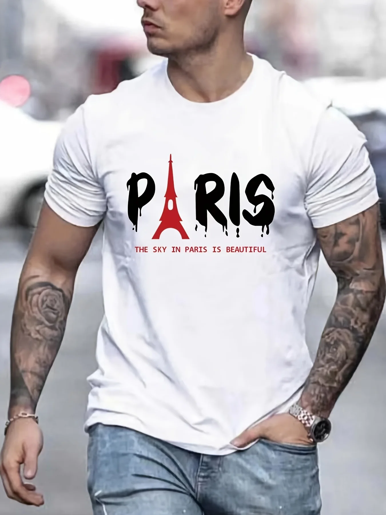 Men\'s Summer Paris Eiffel Tower Printed 100% Cotton Large Loose Round Neck Short Sleeve T-shirt Top  fashion casual