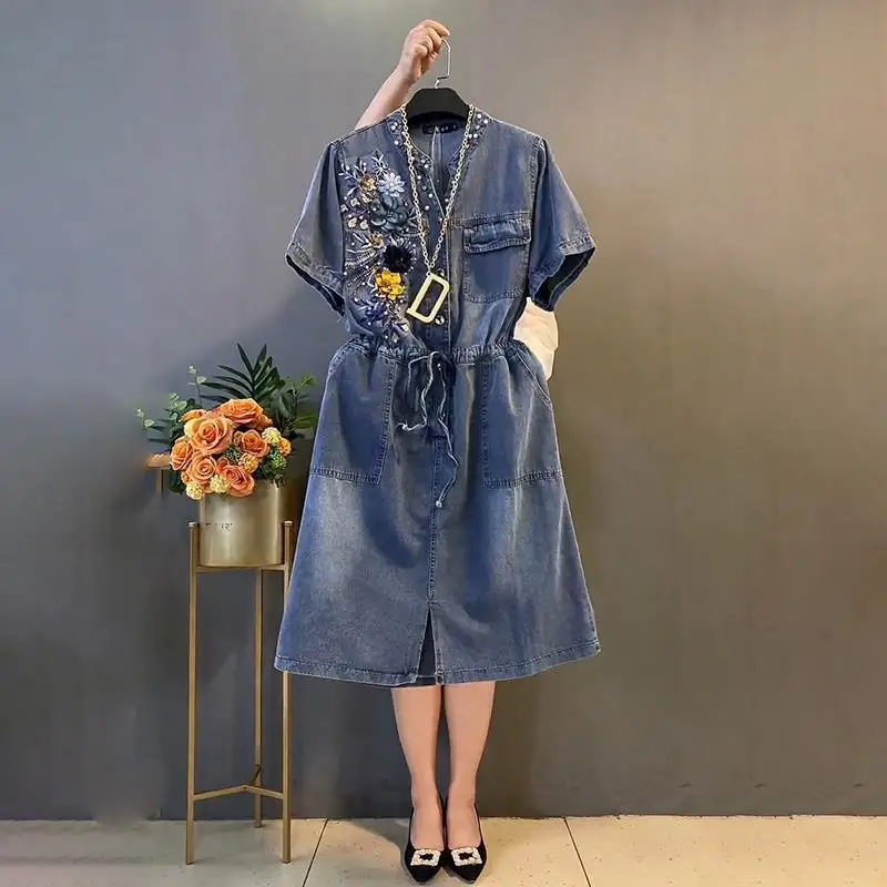 

Fat Sister Summer New Large Size Women's Heavy Industry Nail Bead Waist Denim Dress Port Wind Loose All Match Female Skirt