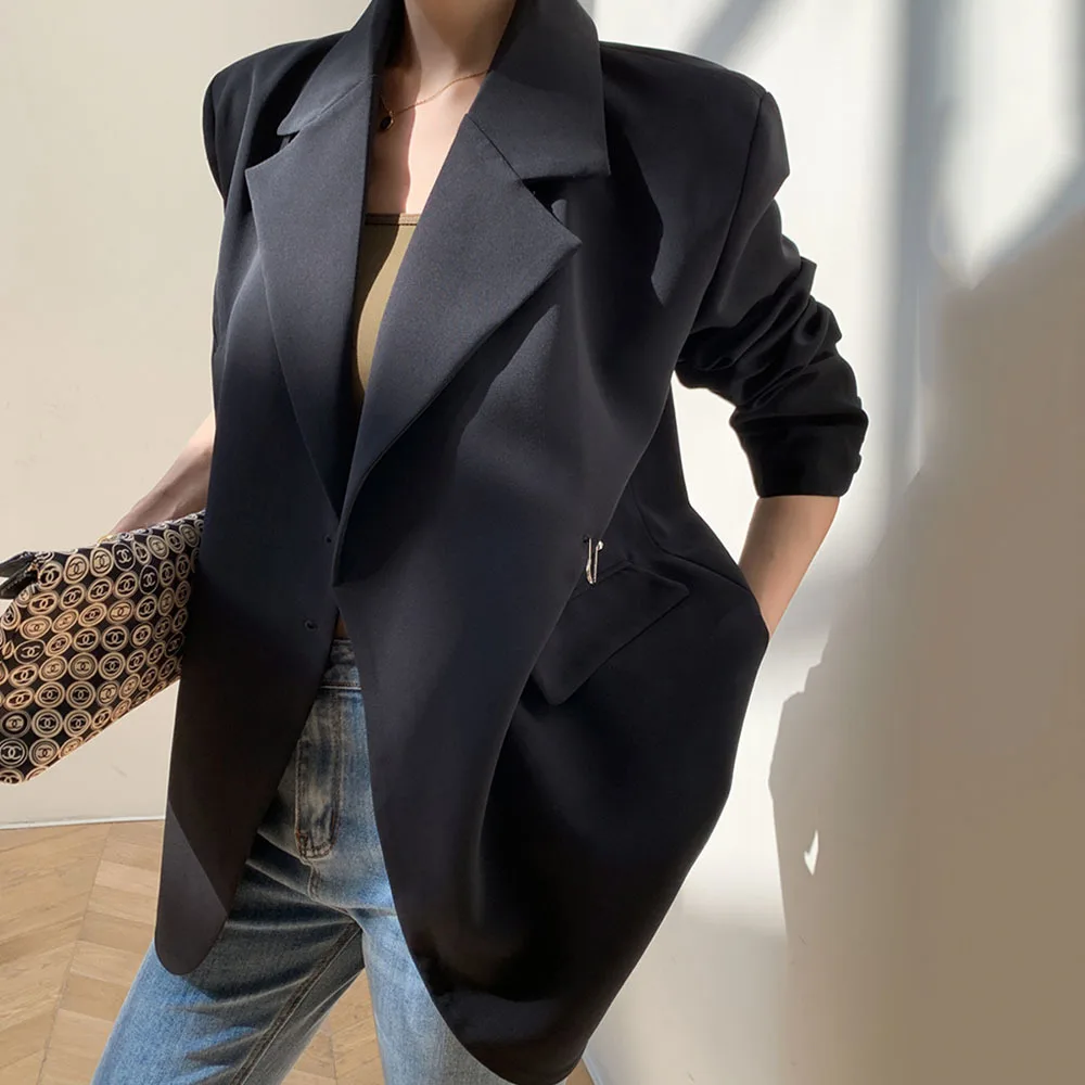 Women Black Oversize Casual Jacket New Lapel Long Sleeve Loose Blazer Fashion Pin Office Ladies Suits Coat Spring Autumn 2023