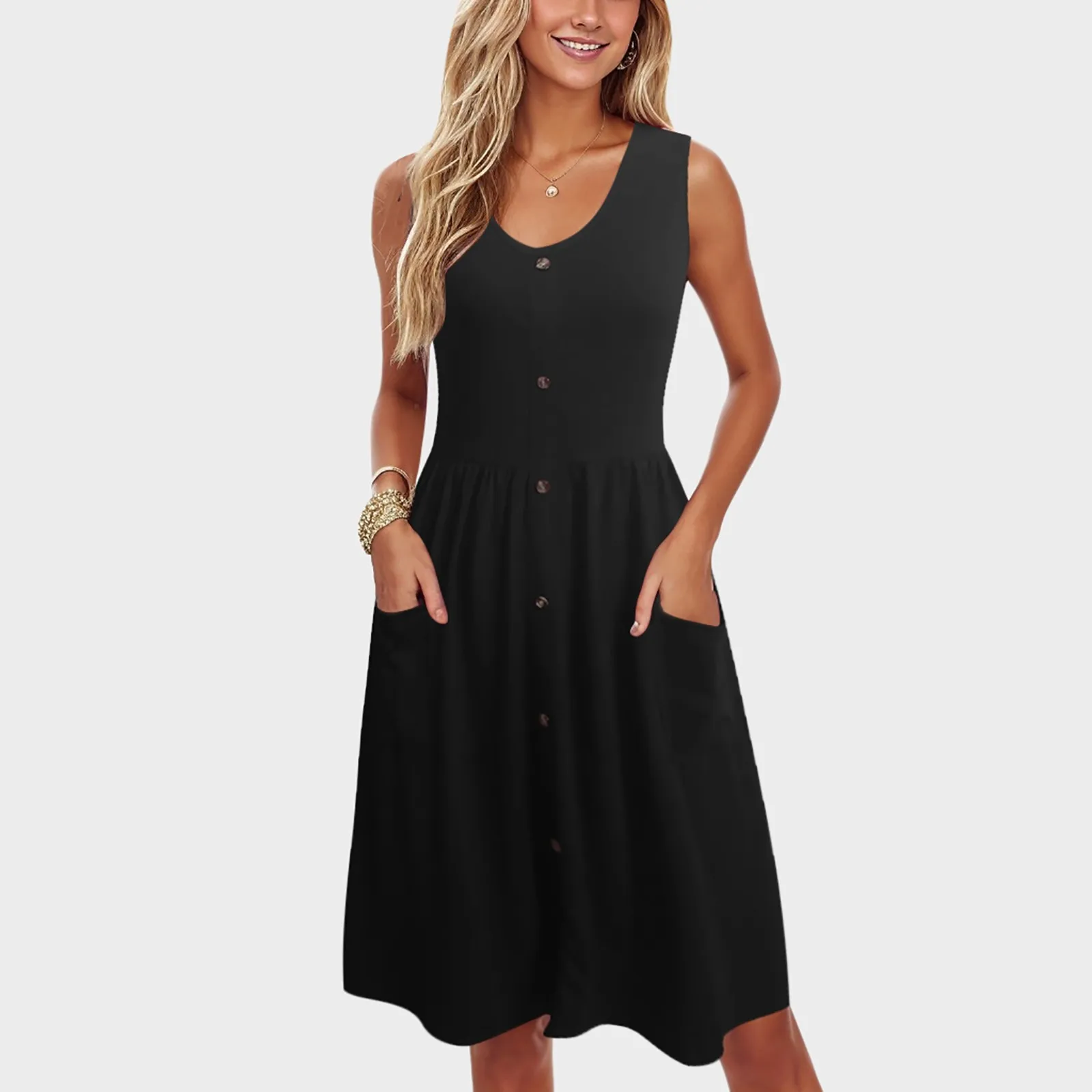 

2024 повседневные летние платья для женщин без рукавов с открытой спиной с поясом на бретелях свободное платье с пуговицами однотонная модная одежда