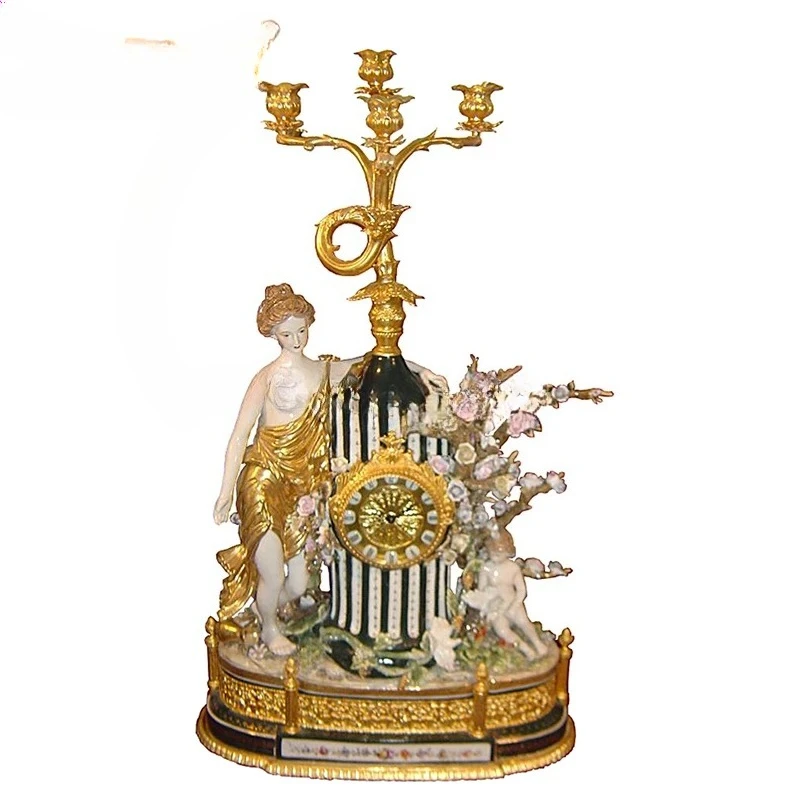 Retro Vintage European Designed Gilded Brass Mounted Brown Porcelain Mantel Clock for Table