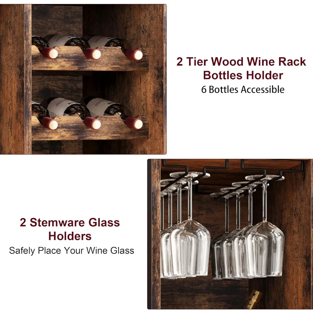 Wine Bar Rack Cabinet,Freestanding Wine Cabinet with Glass Rack Wine Bottle Holders,Industrial Bakers Rack,Liquor Cabinet.