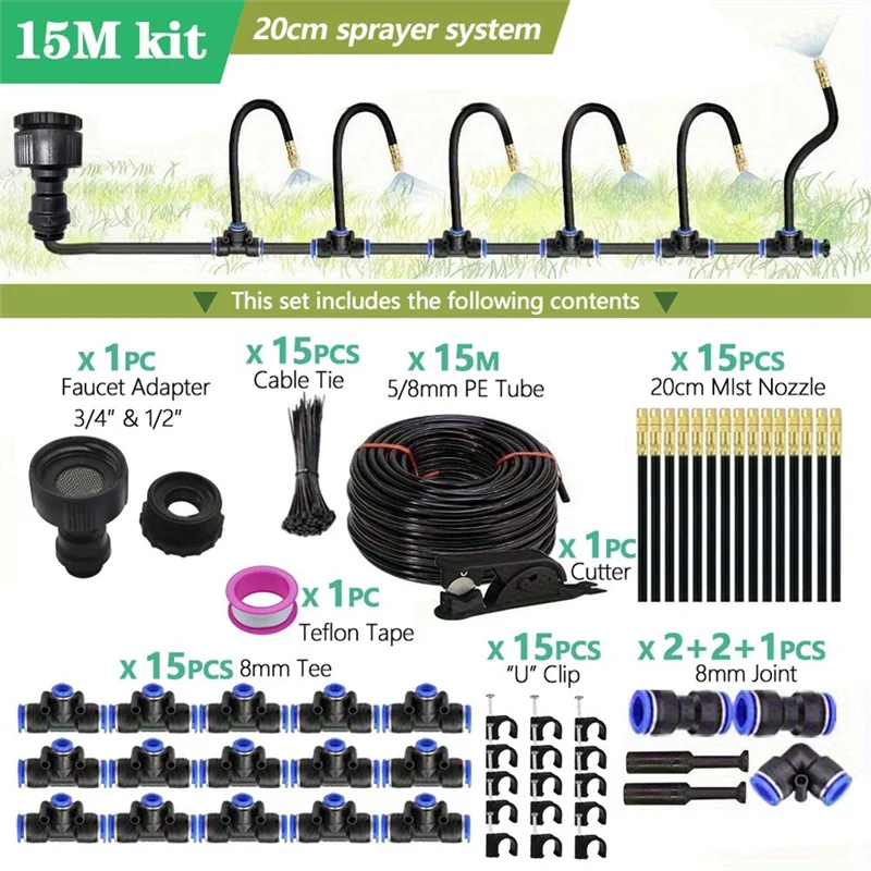 

B08B-Garden Watering System-50FT-360° Adjustable Drip Irrigation System With 15 Nozzles, Garden Irrigation System