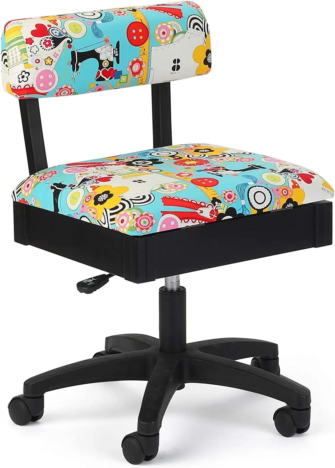 Silla hidráulica de costura y manualidades, asiento de altura ajustable, almacenamiento debajo del asiento y tela impresa, coser ahora, estampado Wow, H6880