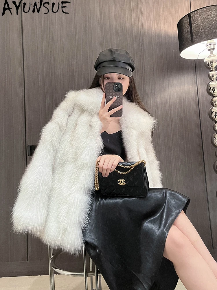 

AYUNSUE 2025 Зимняя куртка из цельного лисьего меха, женская роскошная шуба средней длины из 100% натурального лисьего меха для женской одежды Пальто Женское