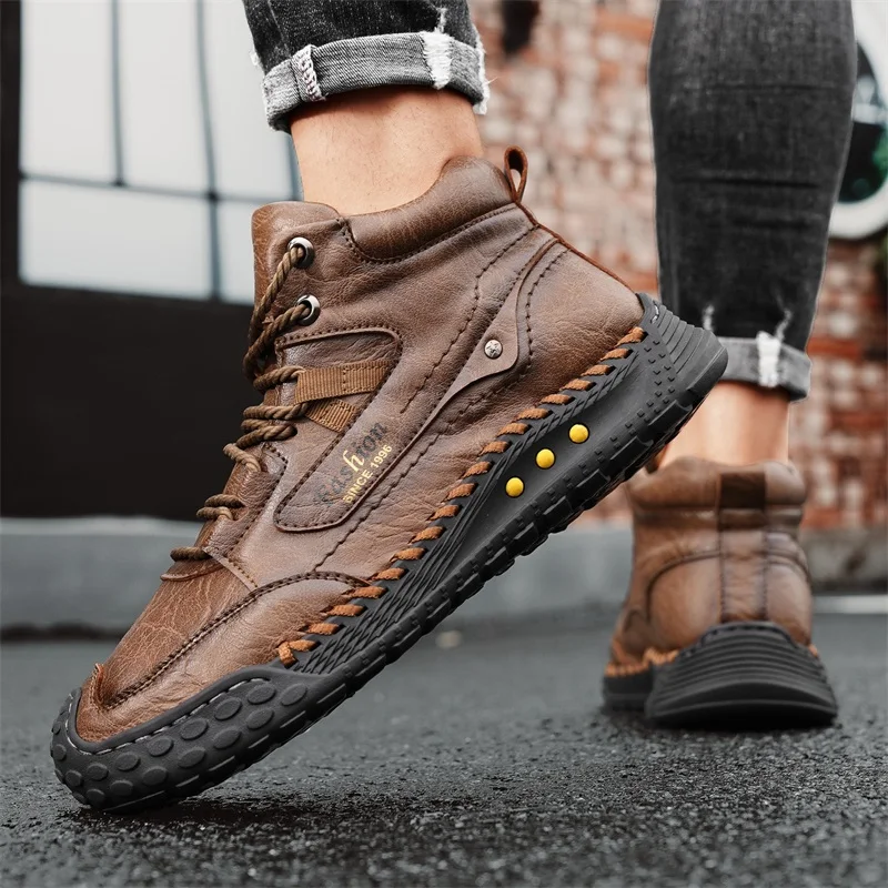 

Мужские высокие ботинки из искусственной кожи, повседневные ботинки на шнуровке с плоской подошвой, удобная классическая мужская обувь, размер 38-48