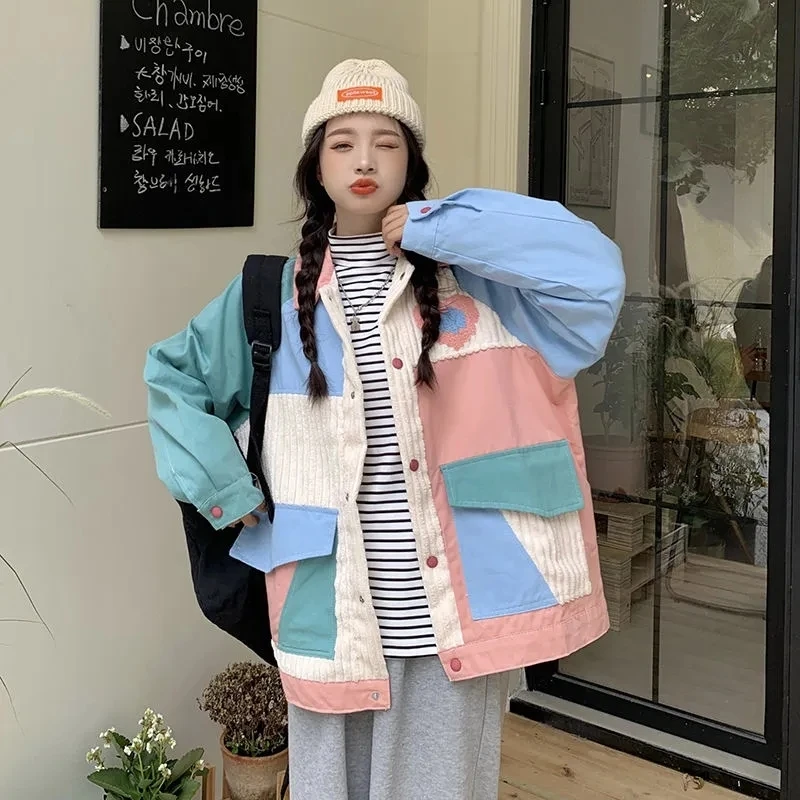 Bomber Jacket Women Baseball Uniform Design Colorful Casual Loose Autumn Corduroy Coat Harajuku Streetwear Vintage Clothing