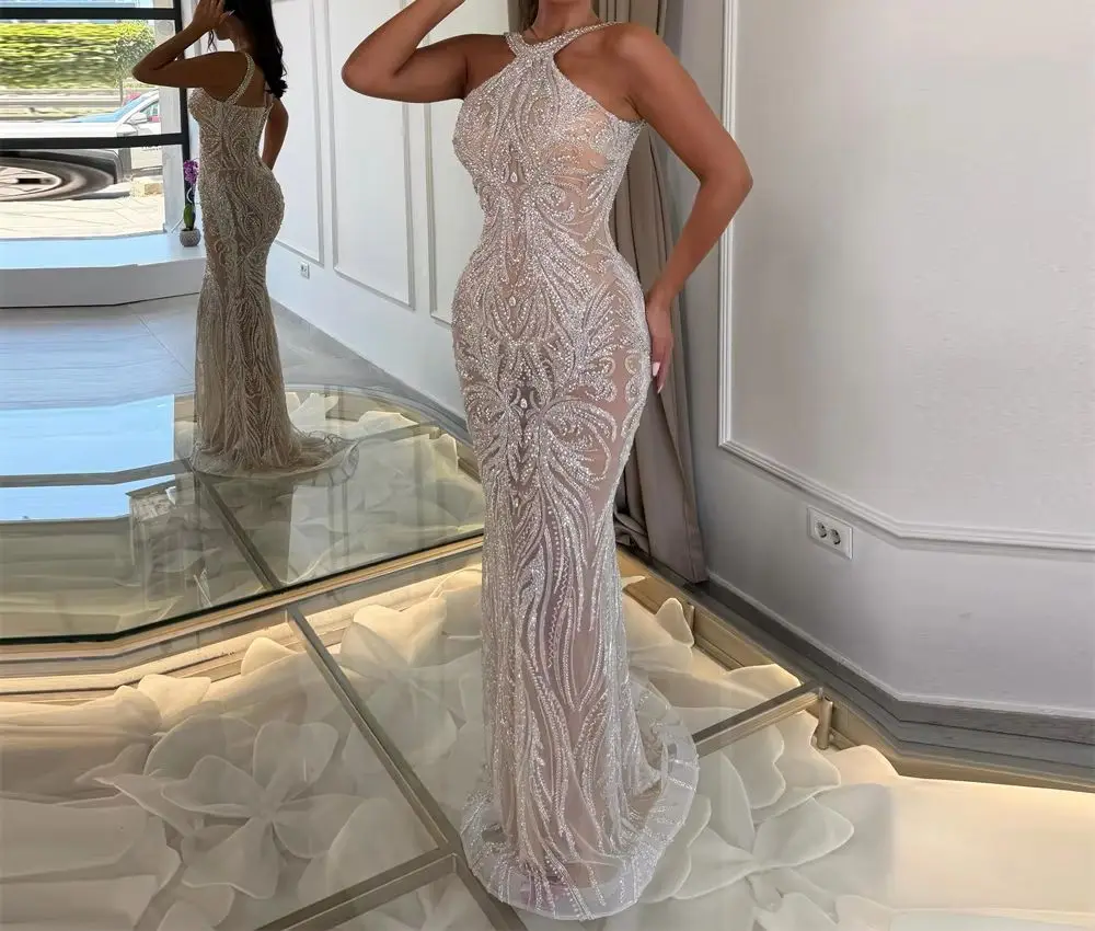 Vestidos de Festa Sereia Requintados da ISI, com Decote Halter, Renda, Pedrarias e Cristais, Vestidos Formais para Baile de Formatura e Festa para Mulheres, Vestido de Festa Personalizado