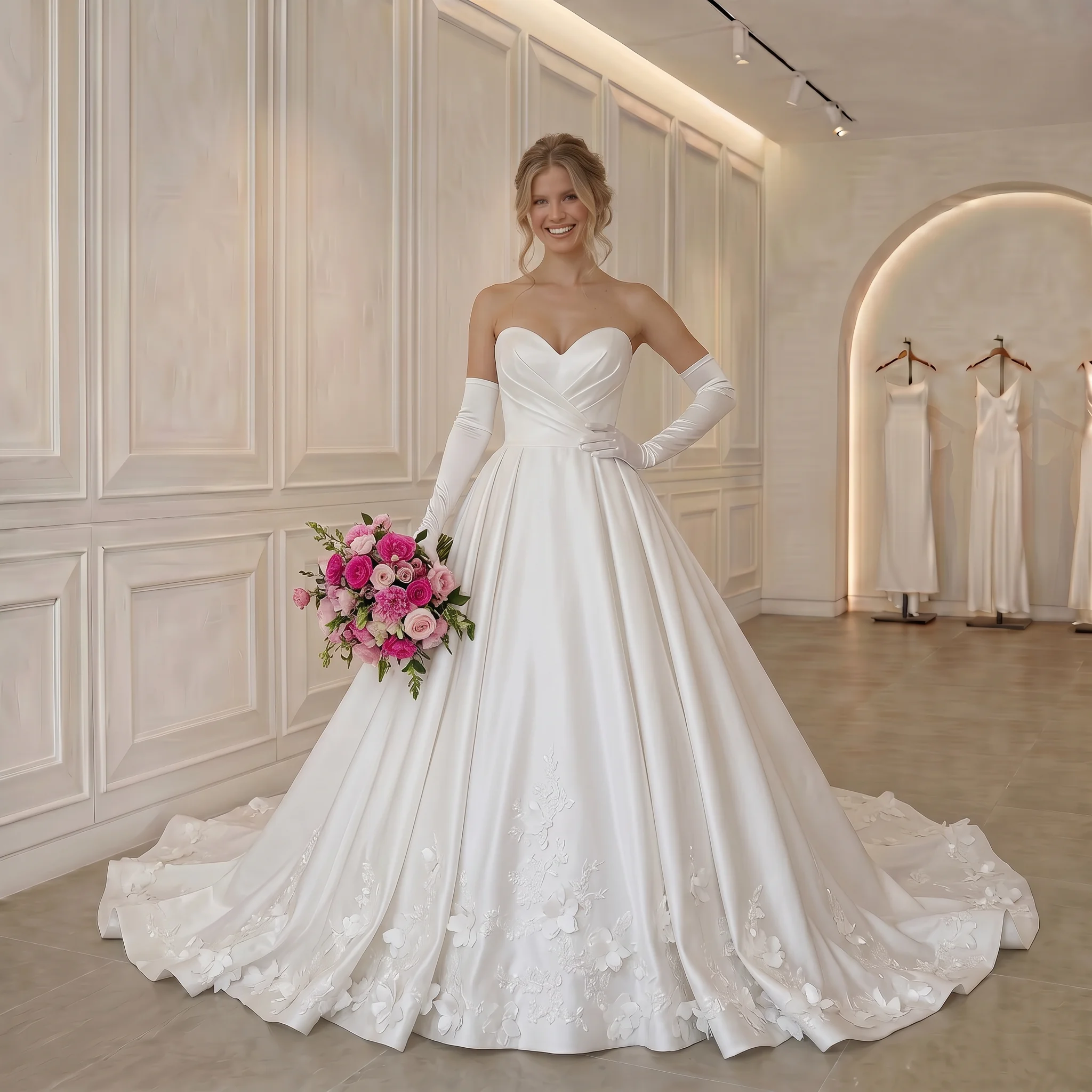Satin Ballgown Wedding Dress 3D Floral Appliques Cathedral Train Princess Bridal Gown Custom Ivory Vestido De Novia