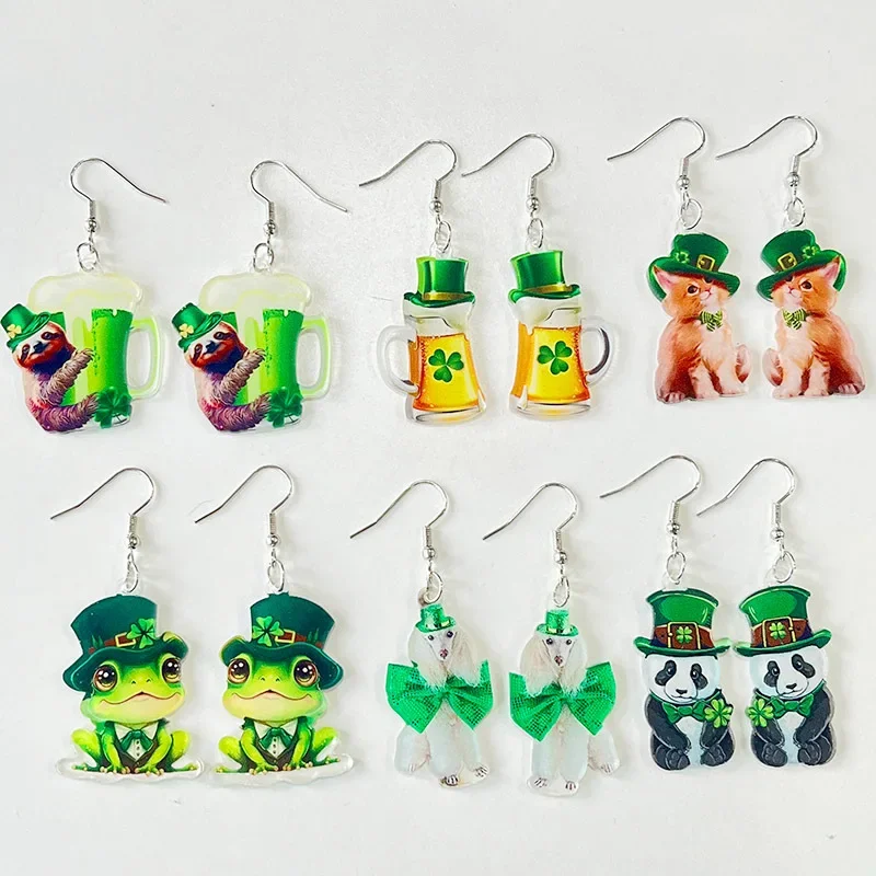 St. Patrick's Day Cute Panda Cat Dog Frog Bear Acrylic Earrings Lucky Clover Bowknot Earrings for Women Girls Fashion Jewelry