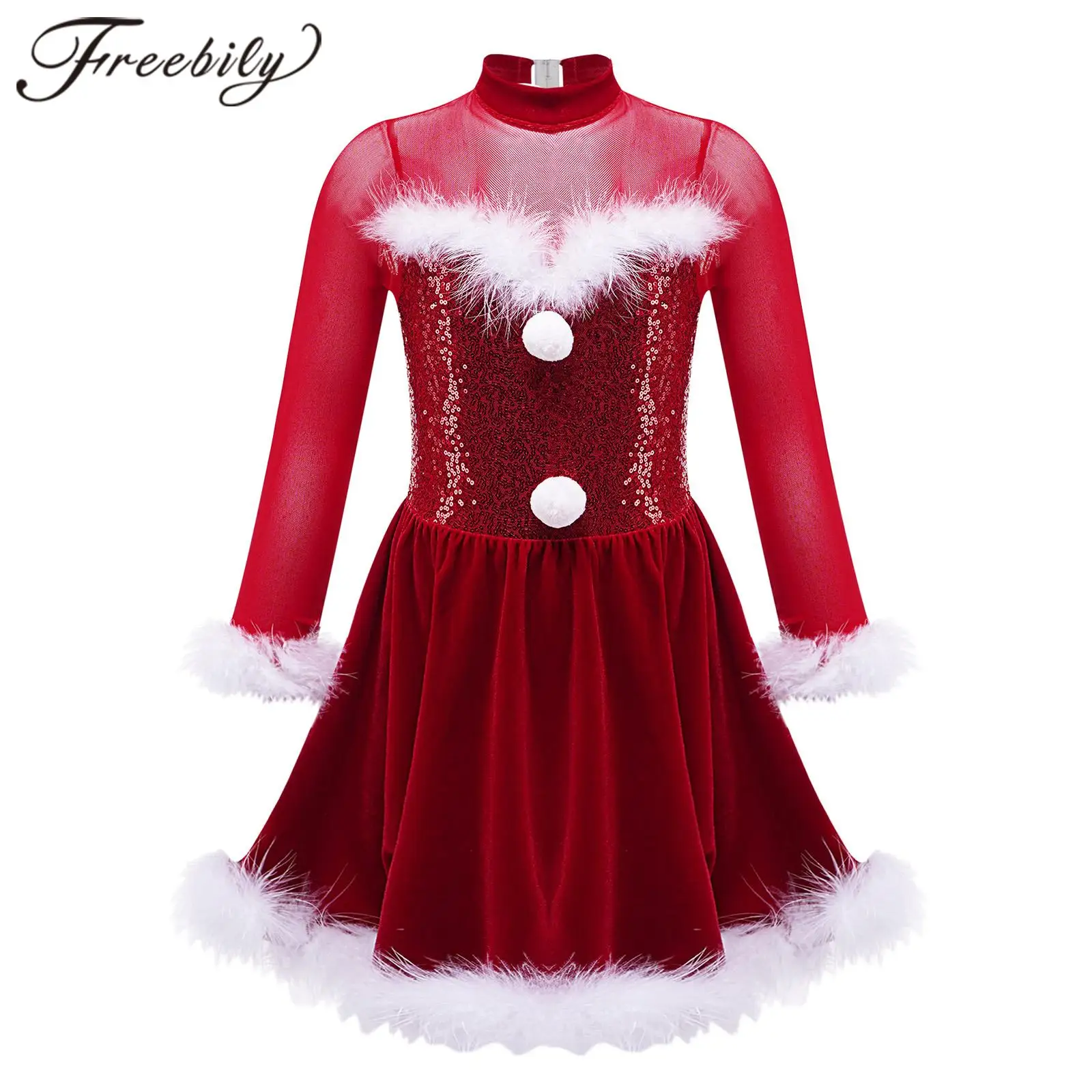 Kids Girls Christmas New Year Dress Costume Shiny Sequins Feather Ballet Figure Skating Dress for Performance Xmas Dancewear