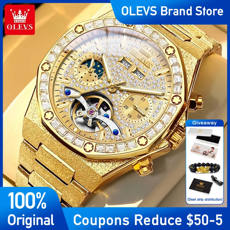 

OLEVS Mens Watch Original Brand Tourbillon Automatic Mechanical Watch Diamond Dial Waterproof Moon Phase Watches For Men