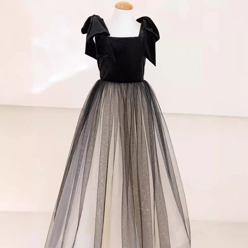 Children's Dress Girls Princess Dress Spring Host Violin Piano Performance Dress High-end Black Mesh Evening Dress