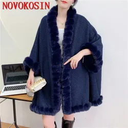 Women's Thick Long Poncho Shawl Coat, Outdoor Capes, Black Granular Velvet Holes, Fur Sleeves, Collar Cloak, Winter, 6 Colors