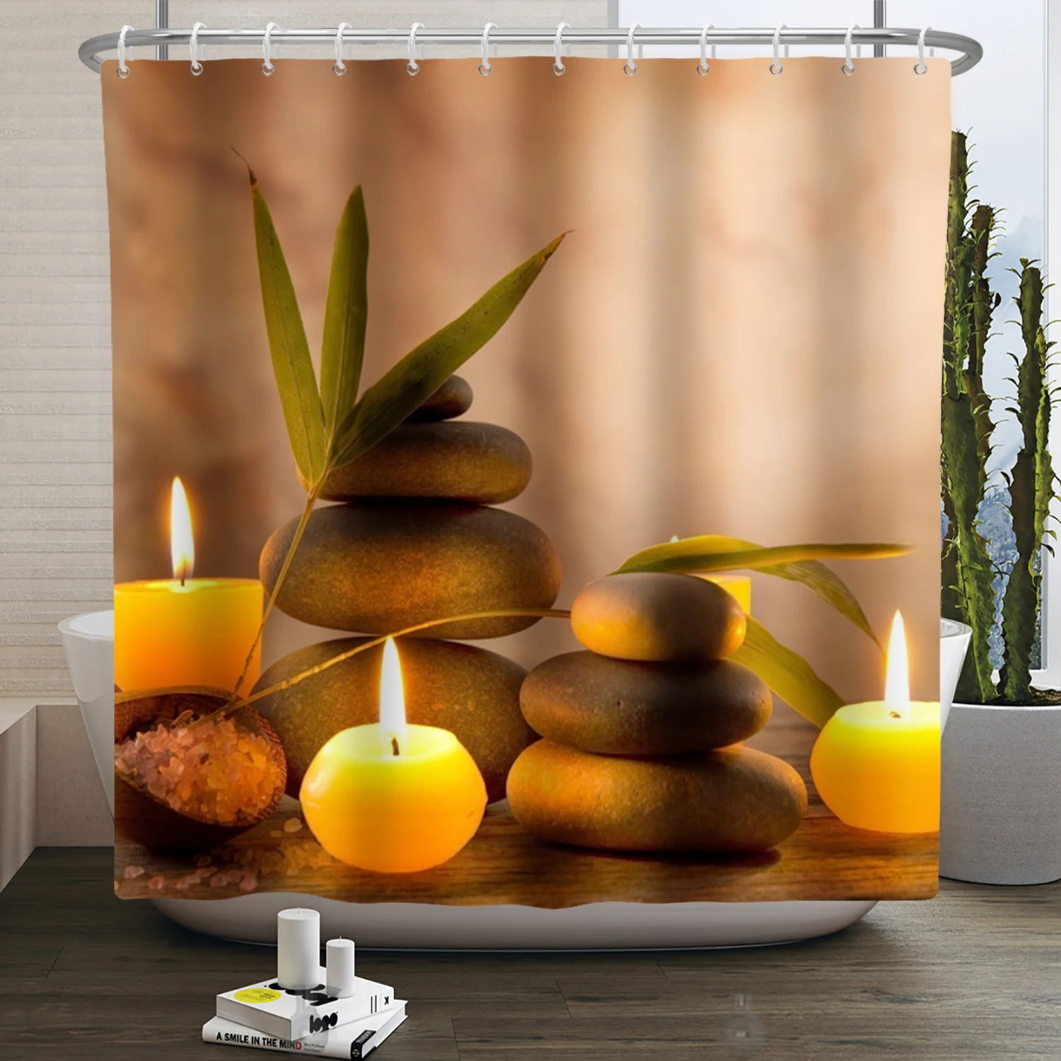 Zen Spa Lotus Japanese Meditation Shower Curtain Basalt Stones Herbal Oil Scent Candles Bamboo Water Home Decor Waterproof Set