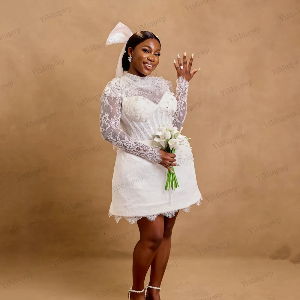 

Civil Flowers Wedding Dresses For Bridal Beaded Lace Long Sleeve Crystals Wedding Reception Dress Mini Wedding Gowns Customized