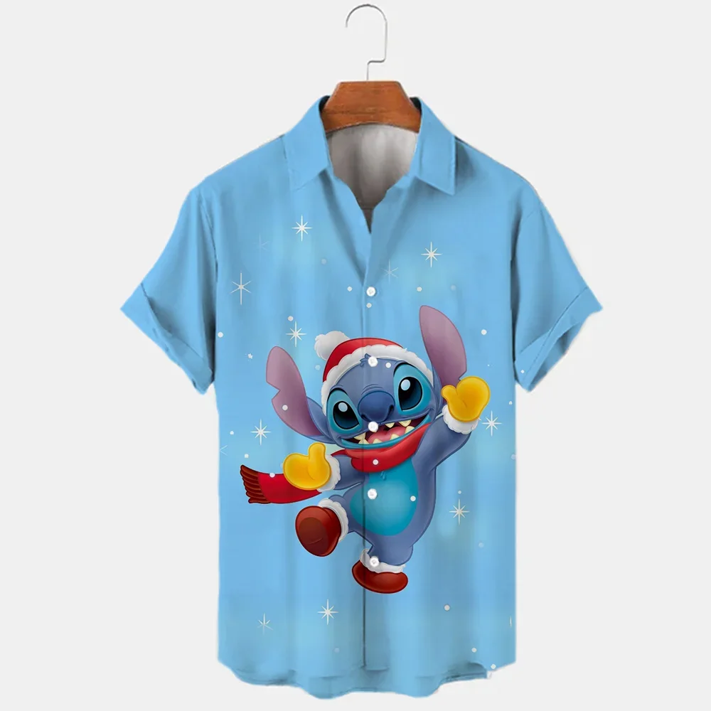 Disney Stitch Christmas Hawaiian Shirts Men's Women's Casual Beach Shirt Disney Hawaiian Shirt Short Sleeve Button Up Shirt