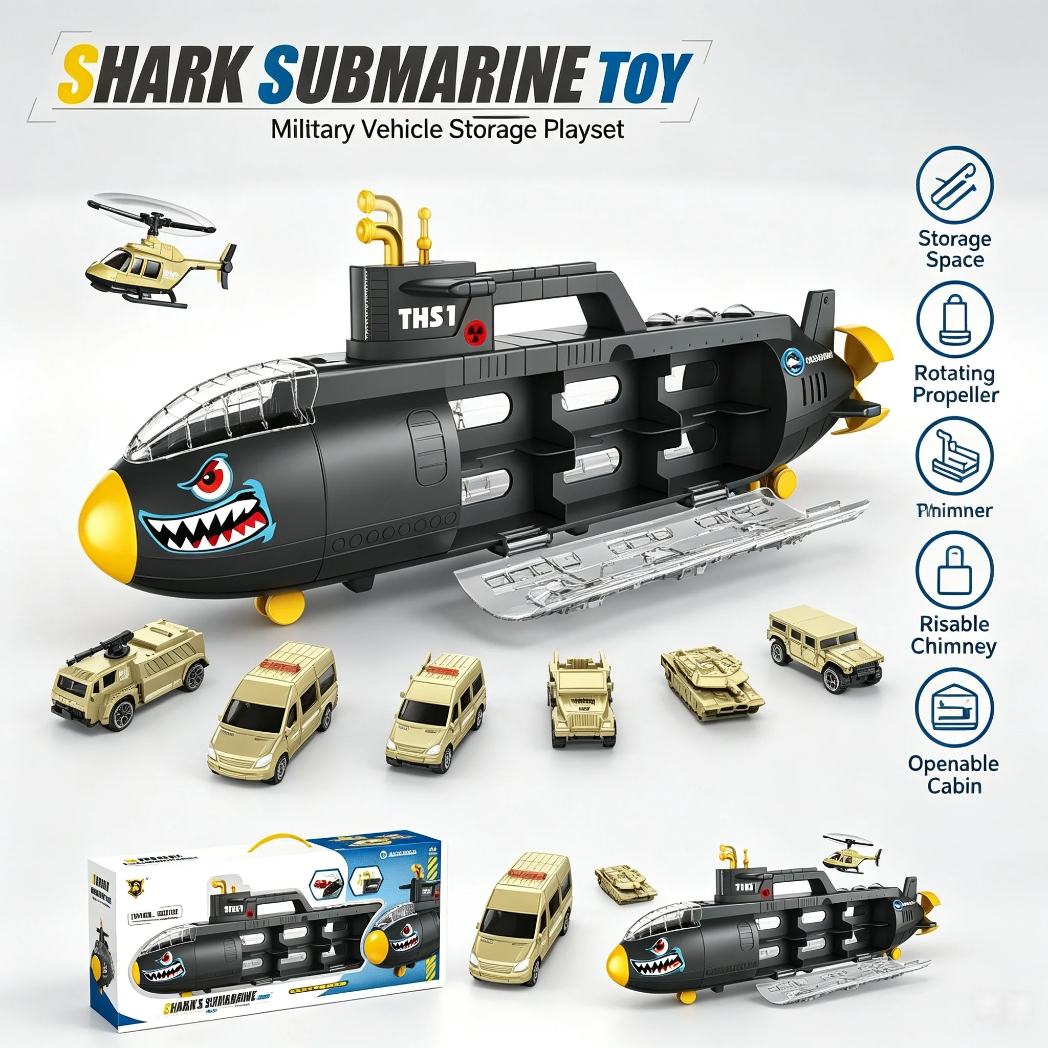 Large Shark Submarine Storage Model with Openable Hatch and Rotatable Propeller, Military Vehicle Combination Toy - view 4