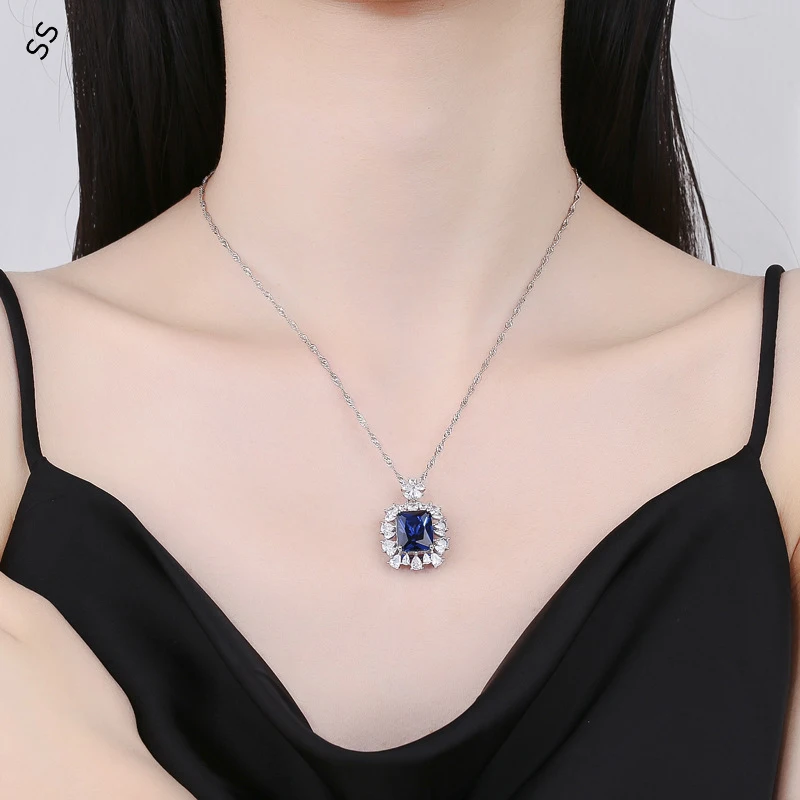 Square Shape Blue Gemstone Pendant Necklace for Women Evening Party Garment Charms Accessories 4 Colors Options