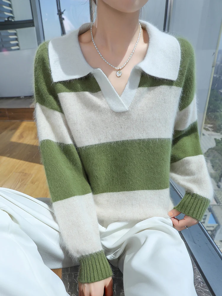 TLOML 신상 여성용 100% 밍크 캐시미어 스웨터 턴다운 칼라 스트라이프 풀오버 캐주얼 가을 겨울 부드럽고 따뜻한 밍크 캐시미어 탑