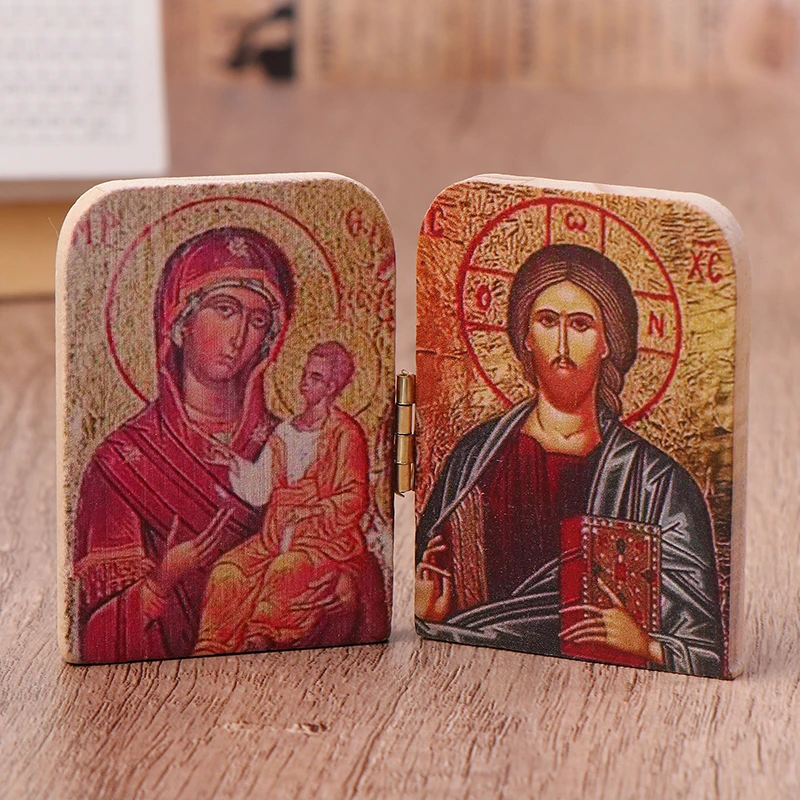 1PC Wood Christ The Teacher And Virgin Of Kazan Catholic Orthodox Icon Diptych For Travel Home Display Religious Gift Decoration