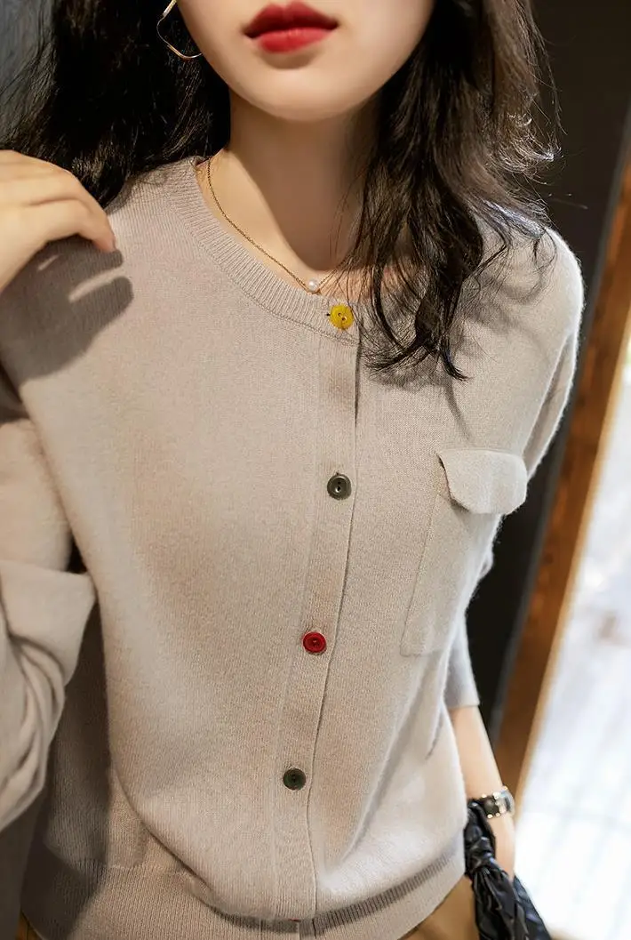 Korean Version Long Sleeved Knitted Cardigan Women\'s Autumn Outfit New Color Blocking Single Breasted Outerwear Trendy