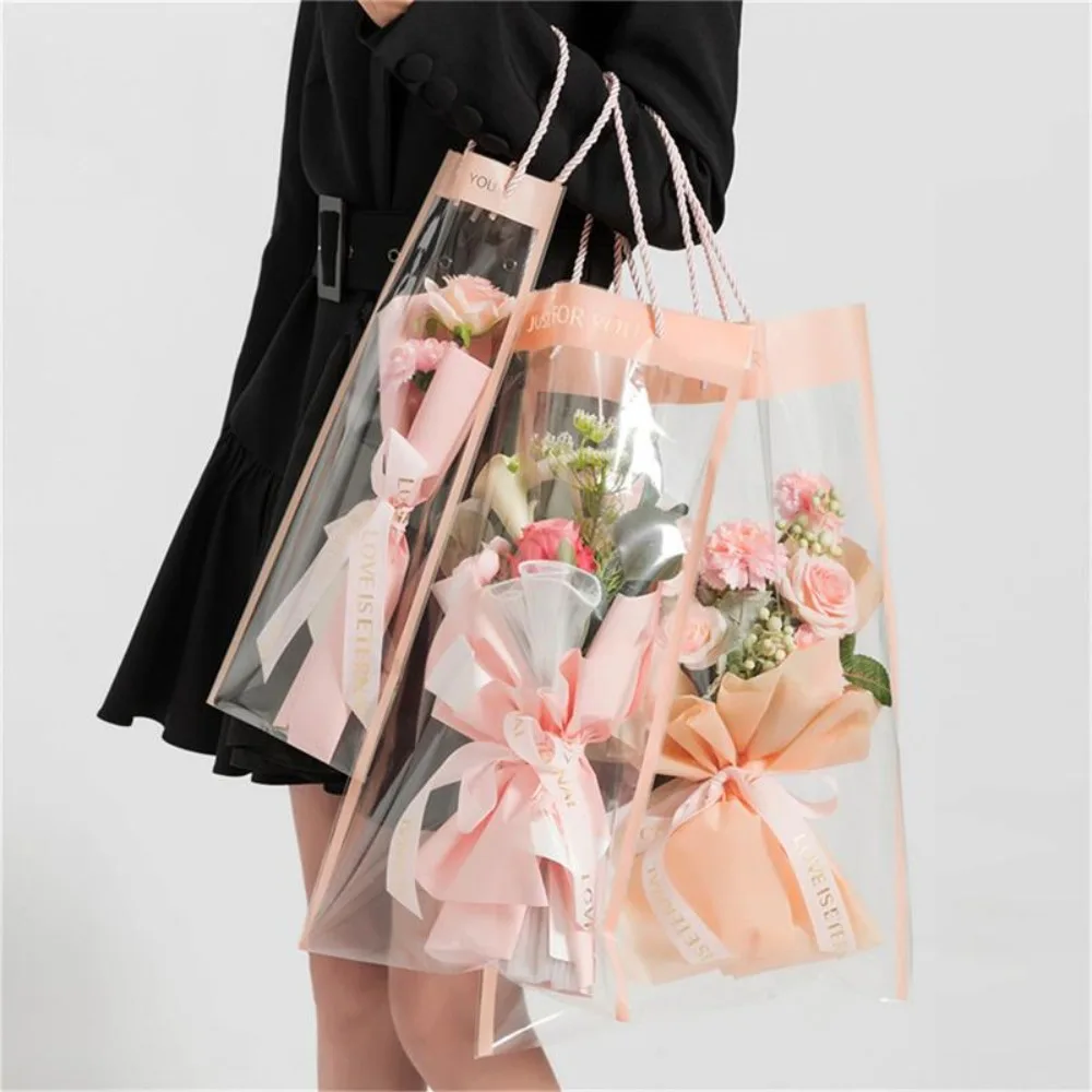 

10pcs New Transparent Bouquet Gift Bag With Handle Party Supplies Flower Packing Bags Decoration Florist Plastic Bag Gift