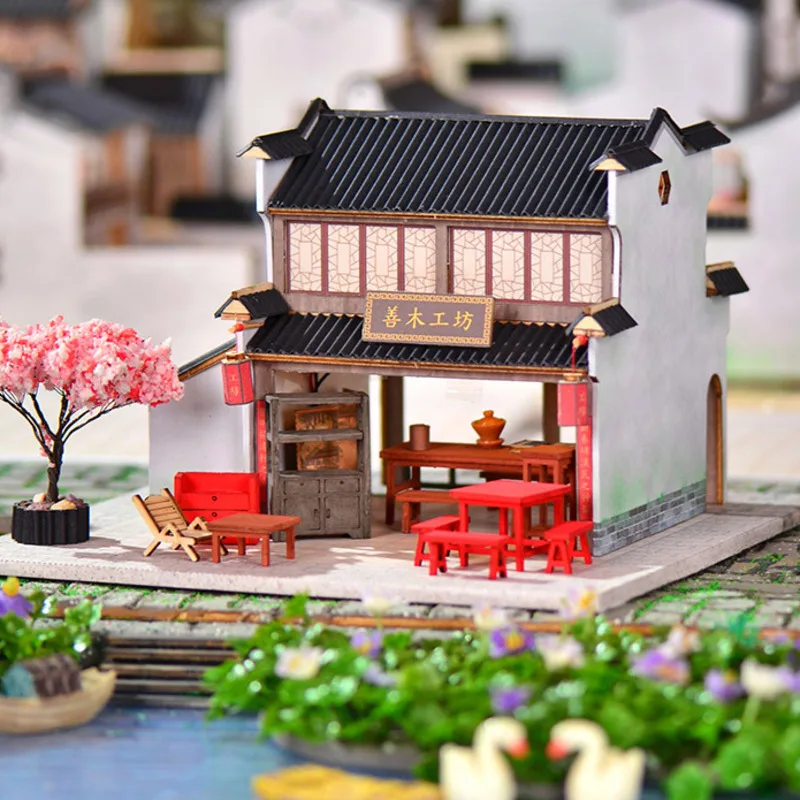 New Wooden Miniature Handmade DIY Wooden Doll House Architecture Furniture Assembled Light Model Toys Xmas Ornaments Gifts