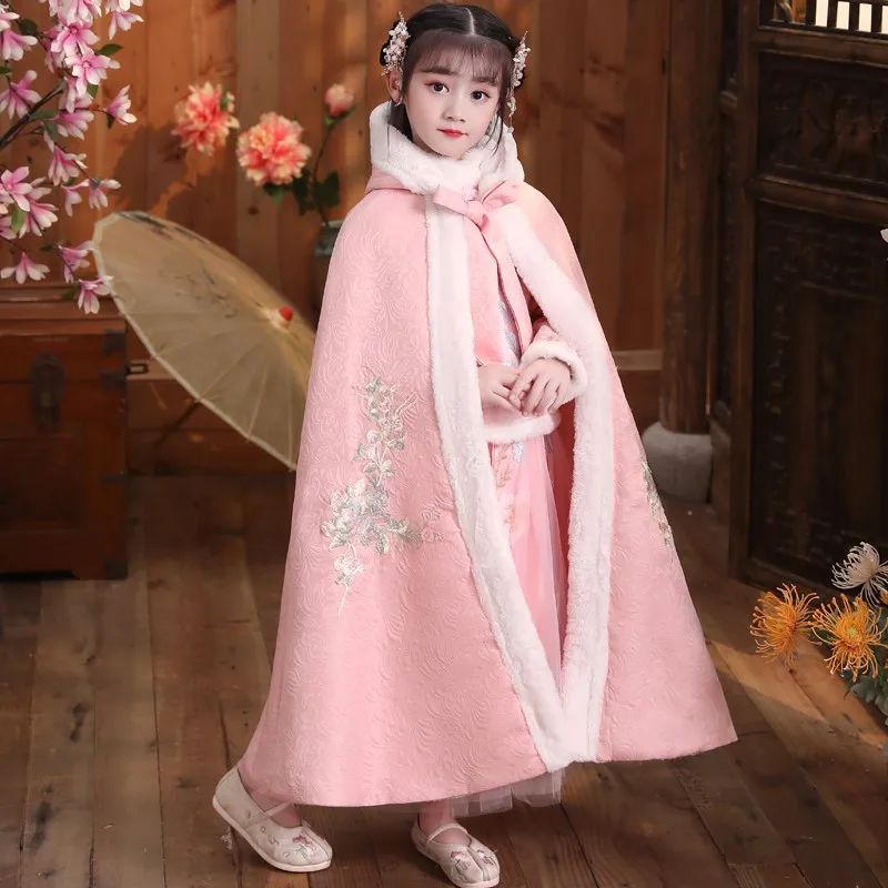 Children's shawl cape Winter outing windproof hooded coat girls plus cashmere Hanfu cape Chinese style