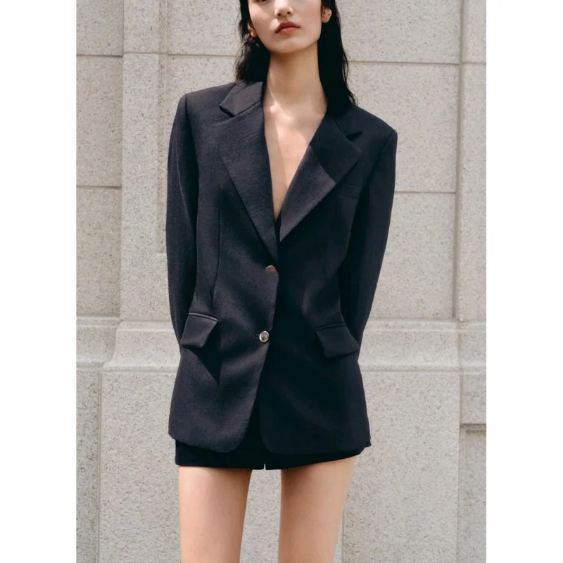 Nuovo Autunno Donna Pendolari Sle Lungo Sve Gamba Dritta Button up oulder Pad Suit Jaet Casual Faion Fibra di Poliestere
