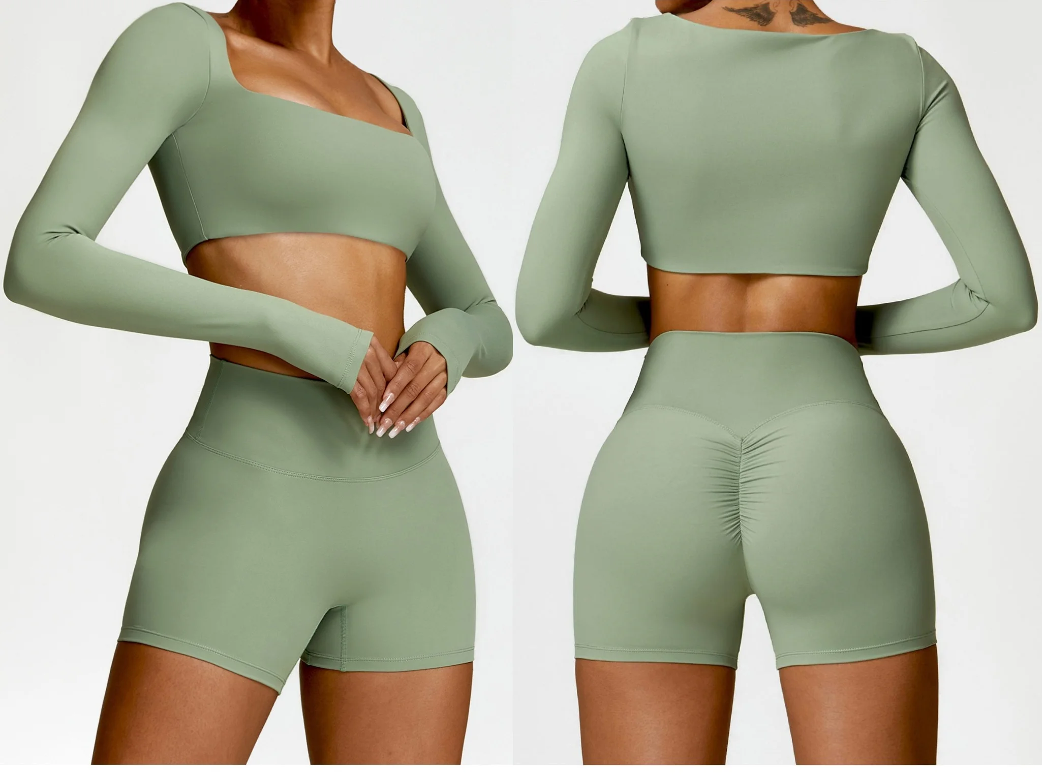C-B Women Square Neck Long Sleeve Yoga Crop Top High Waist Scrunch Biker Shorts Leggings Butt Lifting Gym Fitness Sportswear