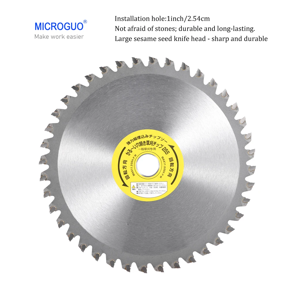 

MICROGUO 10-inch 40-tooth lawn mower blade. Large sesame alloy head. Sharp and durable. 65 manganese steel. Quenched process. Re