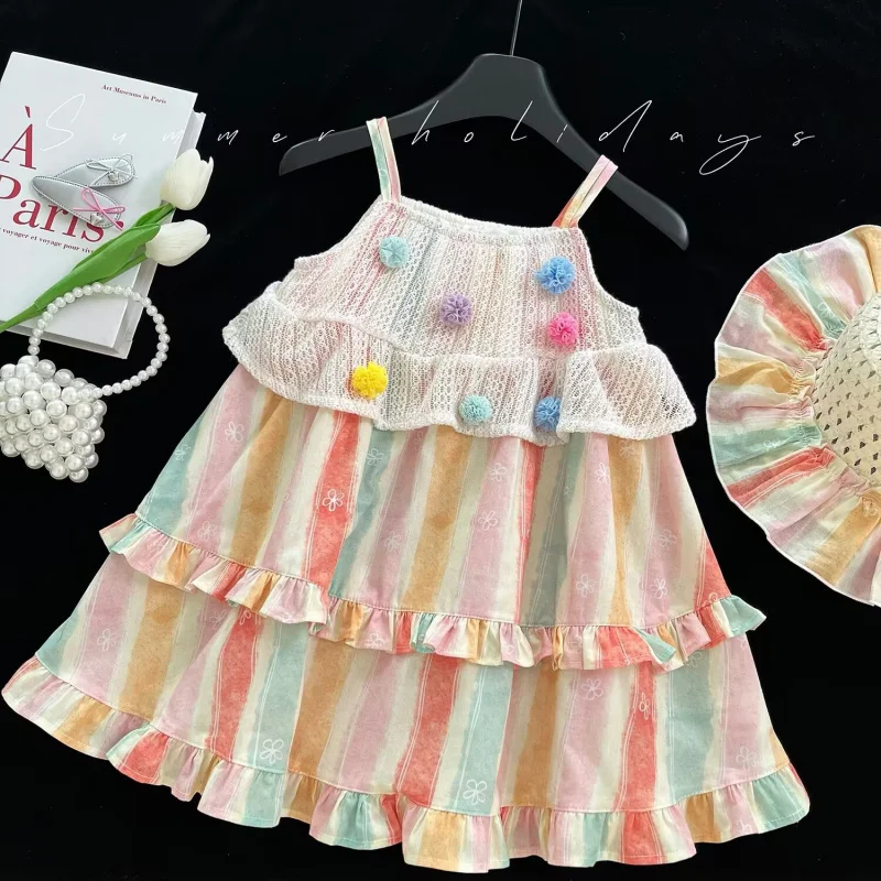 

Girls' Dress2025Summer New Lace Flower Strap Princess Dress Little Girl Vacation Style Children's Dress Wholesale