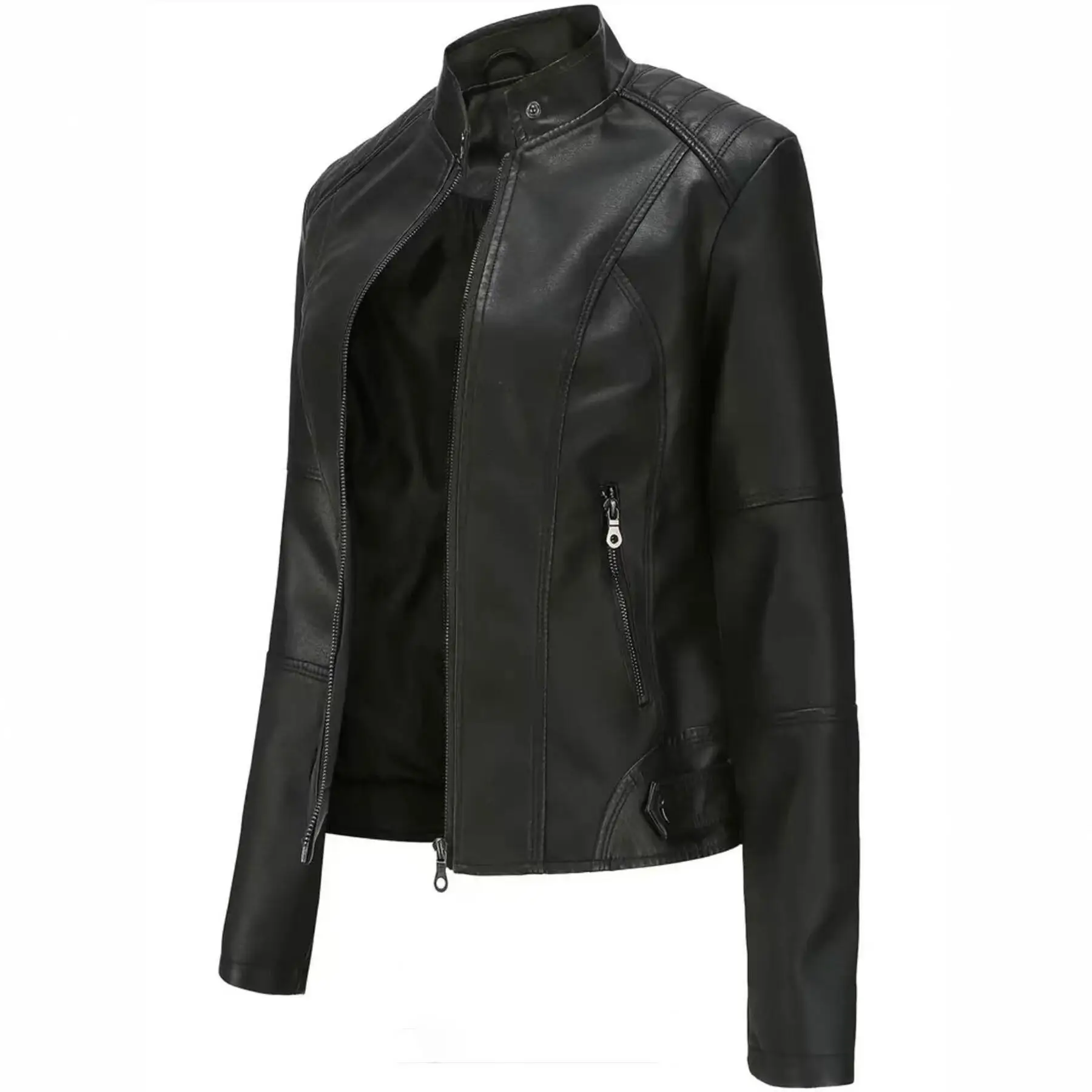 Fashionable Short PU Leather Jacket Stand Collar Motorcycle Style Women's Slim Fit Coat Trendy Outerwear Cross-Border New 2026