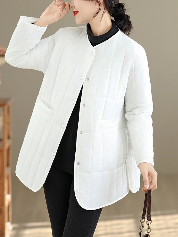 ファッショナブルな格子縞ステッチコットンジャケット、ロング丈、ラウンドネック、ミドル丈、大きいサイズ、レディース冬用コート、韓国風、ゆったりフィット