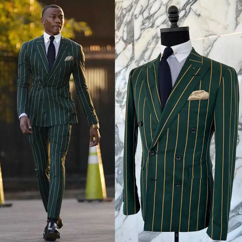 Vintage Pinstriped Men Wedding Suits Peaked Lapel Double Breasted Tuxedos Groom Party 2 Pcs Blazer Pants Customized Suit