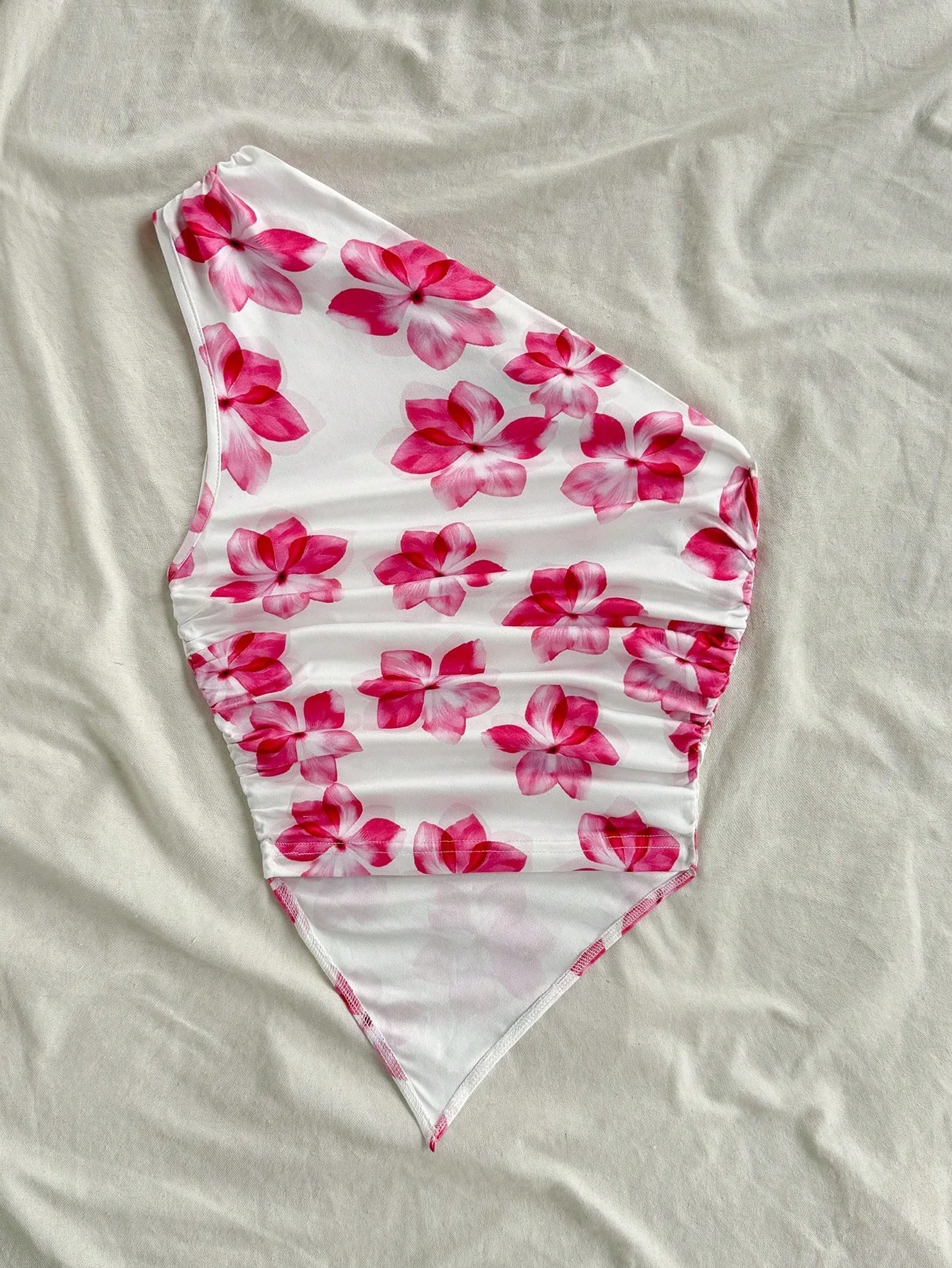Elegant Tank Top Features Floral Print and Stylish One-Shoulder Design with Ruched Details. Light and Comfy, Perfect for Beach,