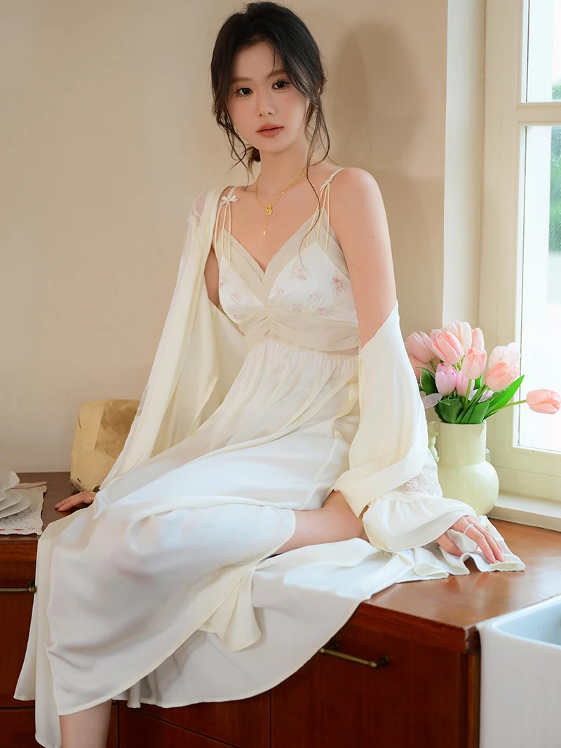 French Sexy Robe Gown Fairy Nightgown Two-piece Set Women Spring Chiffon Mesh Vintage Princess Pajama Sleepwear Home Clothing