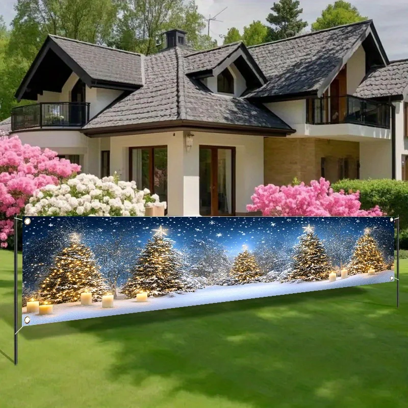1pc 2D Flat Merry Christmas Yard Banner, Christmas Tree & Snowflake Pattern, Indoor Outdoor Lawn Wall Holiday Party Decor ****