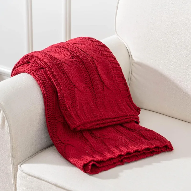

Red Cable Knit Throw Blankets For Couch, Super Soft Warm Cozy Decorative Knitted Throw Blanket For Bed, Sofa, Chair 50"x
