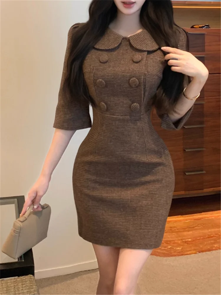 Atemberaubendes, elegantes, neues Herbst-Mini-Partykleid mit halben Ärmeln für Damen, süßes französisches Puppenkragen, figurbetontes, enges, kurzes Kleid mit Boden