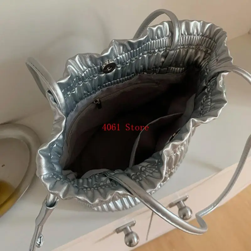 

Женская плиссированная сумка под подмышками, сумка из искусственной кожи, универсальная сумка на плечо, серебряная сумка-ведро,