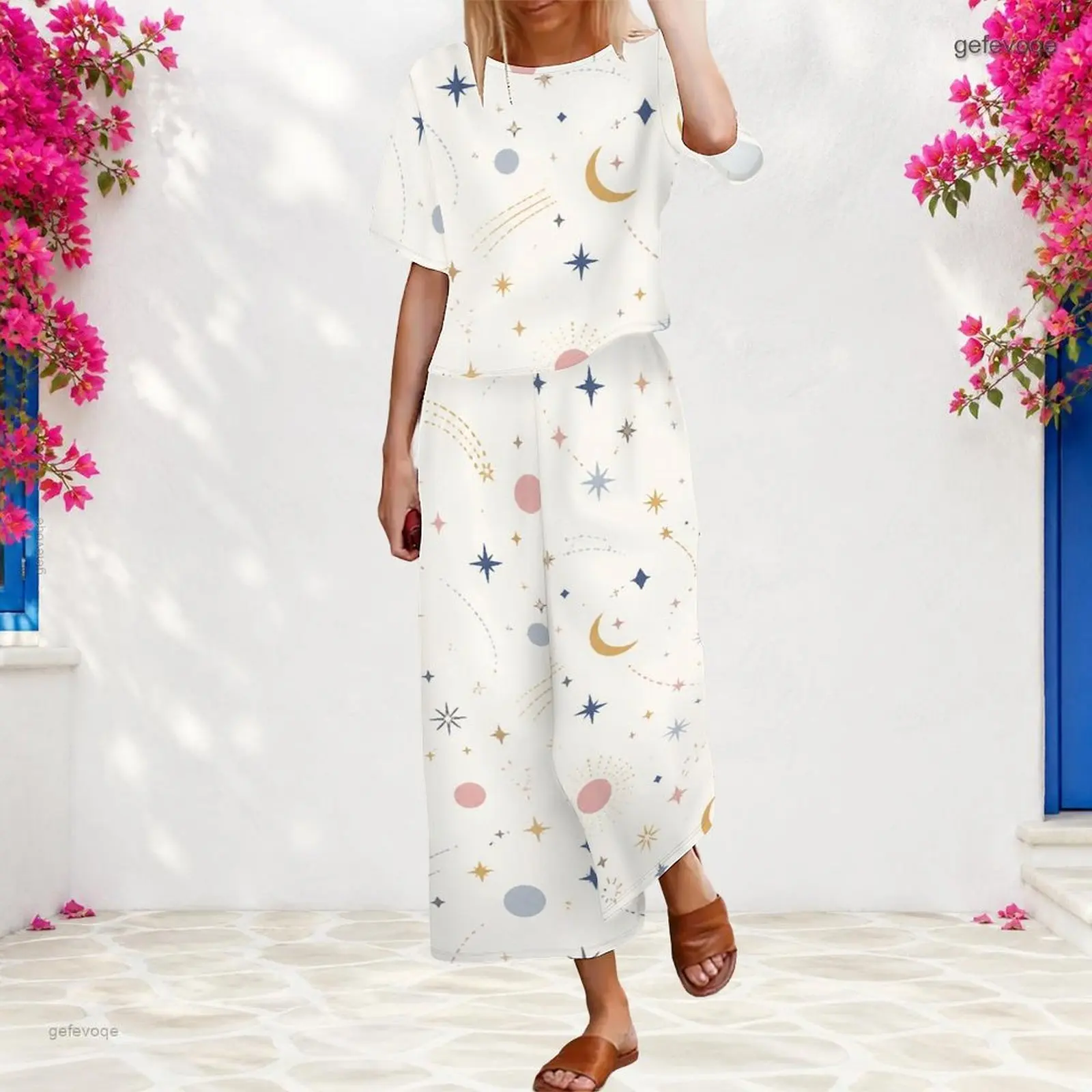 Women 2 Piece Outfit Round Neck Short Sleeve Top With Elastic Waist Wide Leg Pants Set Custom Print Ladies Casual Loungewear